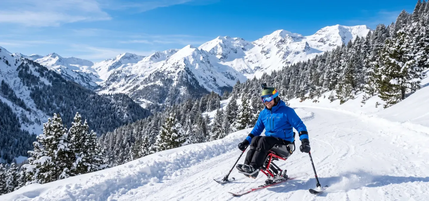 Persona practicando esquí adaptado en las montañas nevadas, símbolo de vida independiente y autonomía
